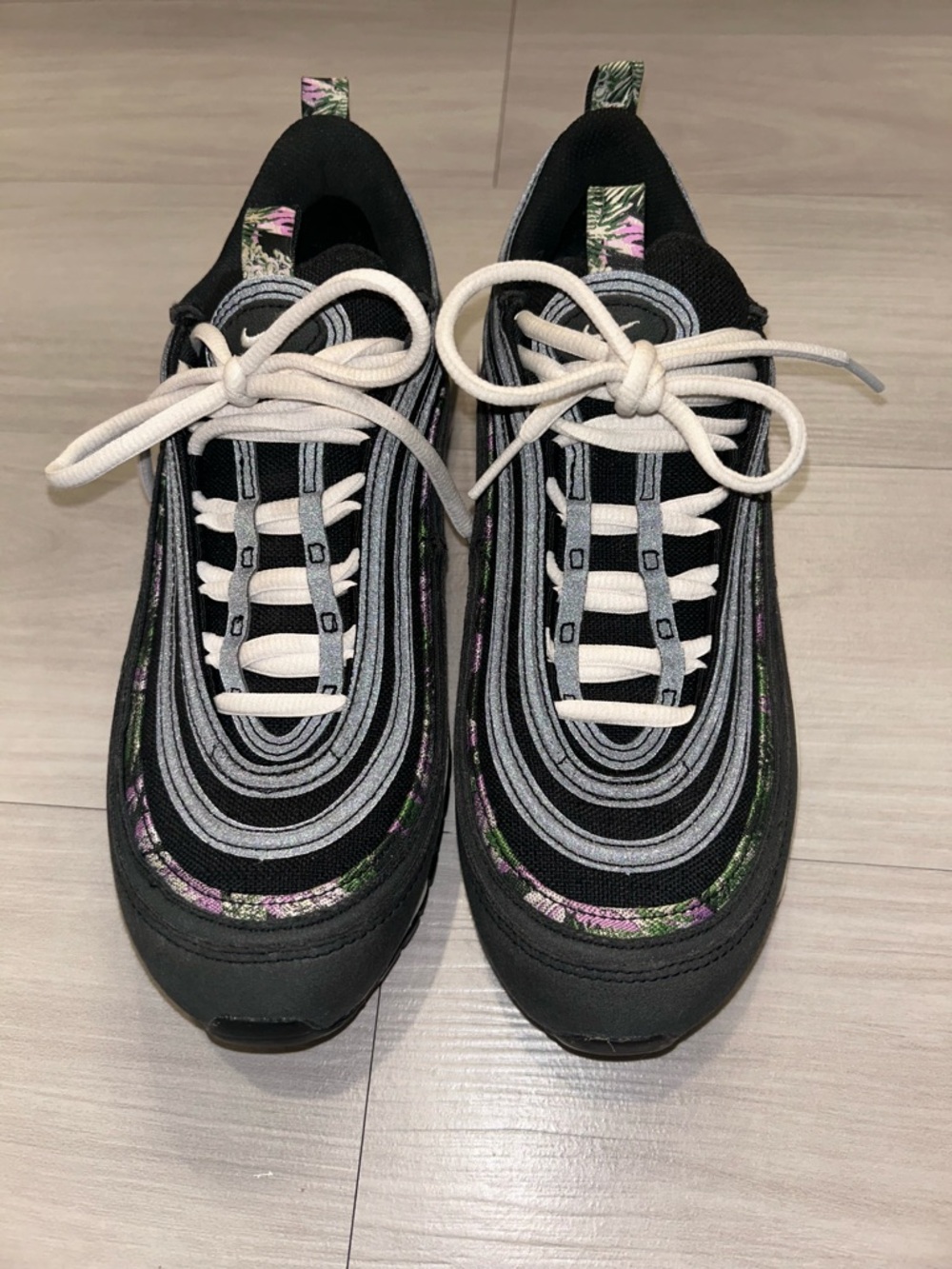Nike Women's Black Sneakers with Pink and Green Floral Accents